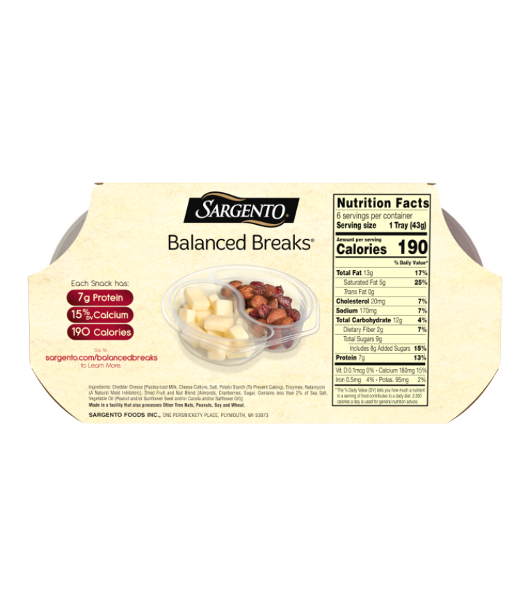 Sargento Balanced Breaks Snack Pack with White Cheddar, Almonds, and  Cranberries 1.5 oz. - 12/Case