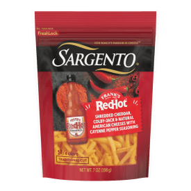 Sargento® Frank’s RedHot® Natural Cheddar, Colby Jack, and American Shredded Cheese with Cayenne Pepper Seasoning, Traditional Cut, 7 oz