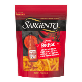 Sargento® Frank’s RedHot® Natural Cheddar, Colby Jack, and American Shredded Cheese with Cayenne Pepper Seasoning, Traditional Cut, 7 oz
