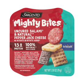 Sargento Mighty Bites™ Uncured Salami, Natural Pepper Jack Cheese, Triscuit® Mini Original Crackers, Milk Chocolate Cereal Pieces Snack Kit, 2.8 oz